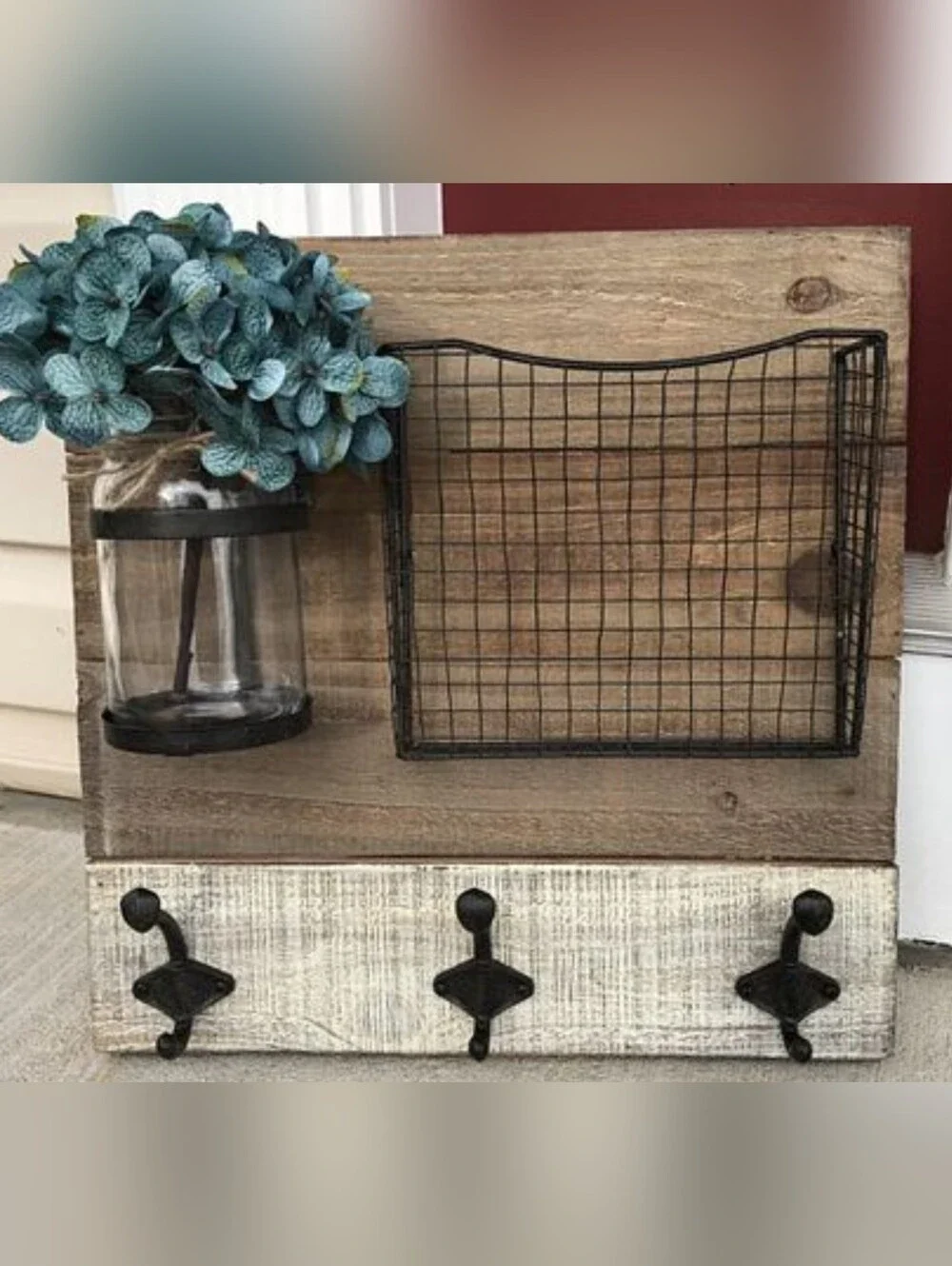 Rustic Wood Wall Organizer with Black Wire Basket and Hooks
